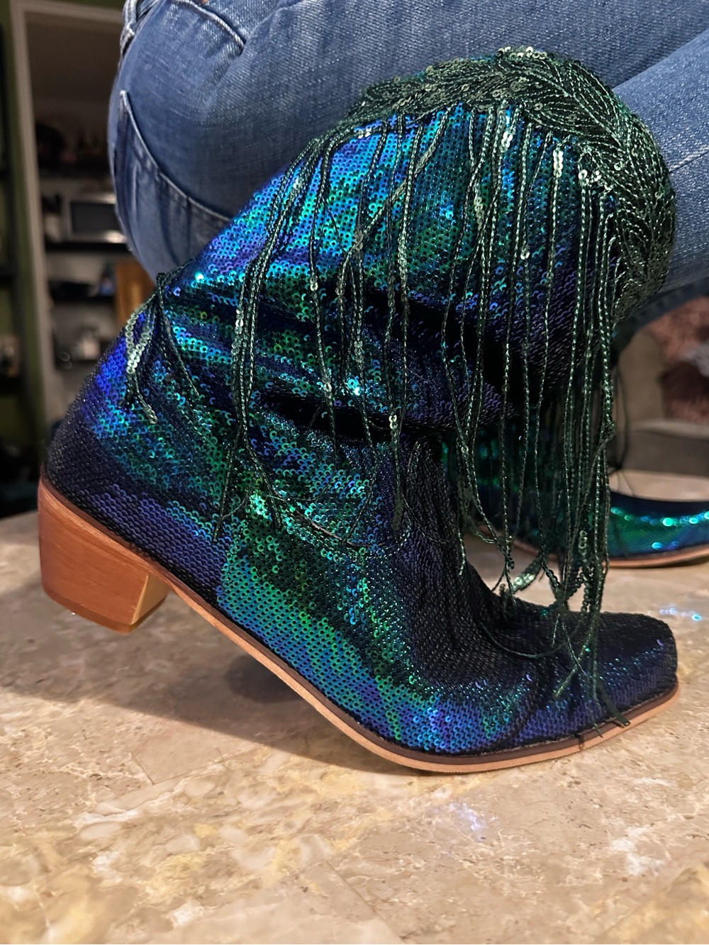 Sequined Fringe Ankle Boots - Iridescent Green-Blue